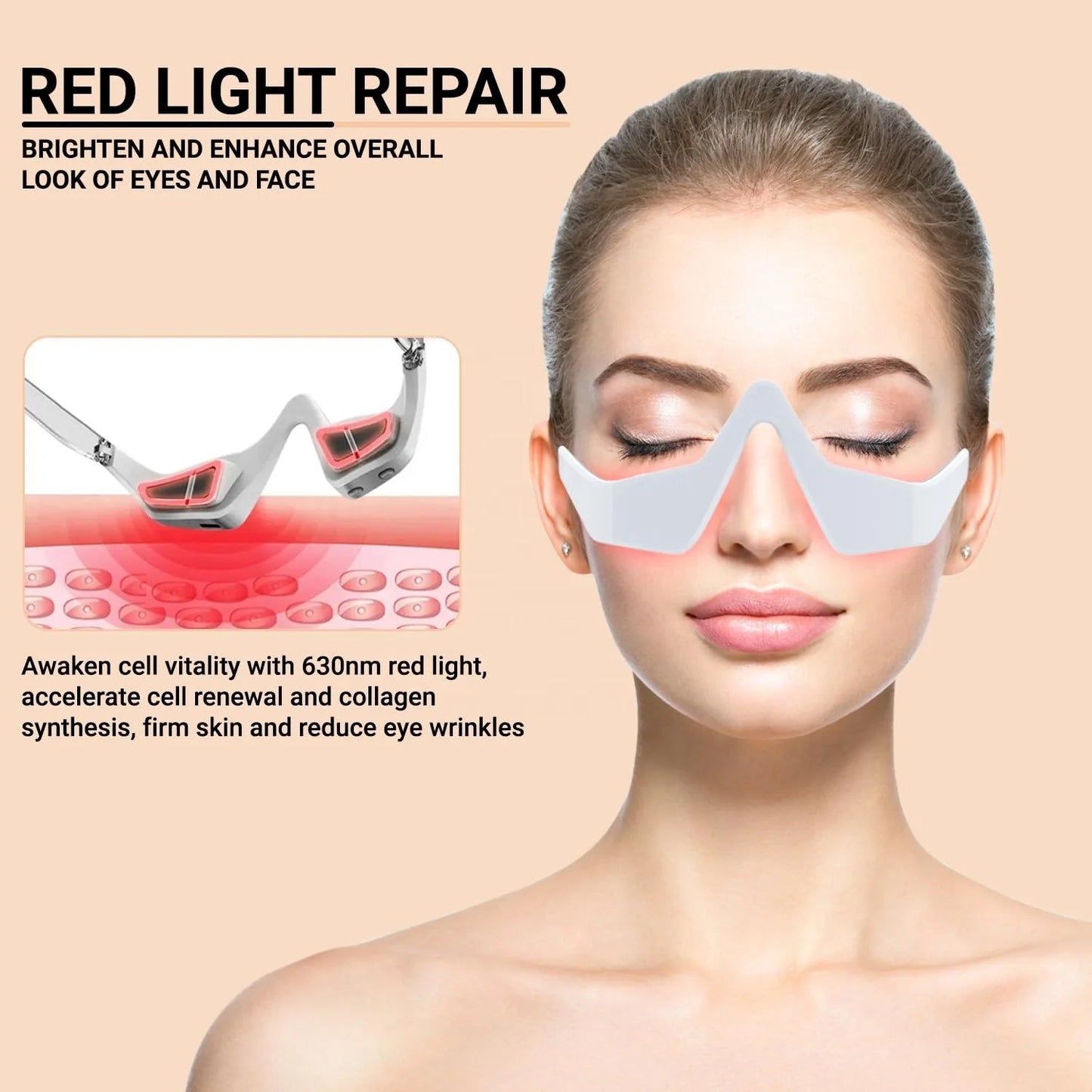 showing a benefits of eye and Woman wearing EyeLume™ Red Light Eye Massager glasses_01