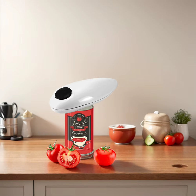 SnapOpener™ hands-free electric jar opener in white color which is opening a jar