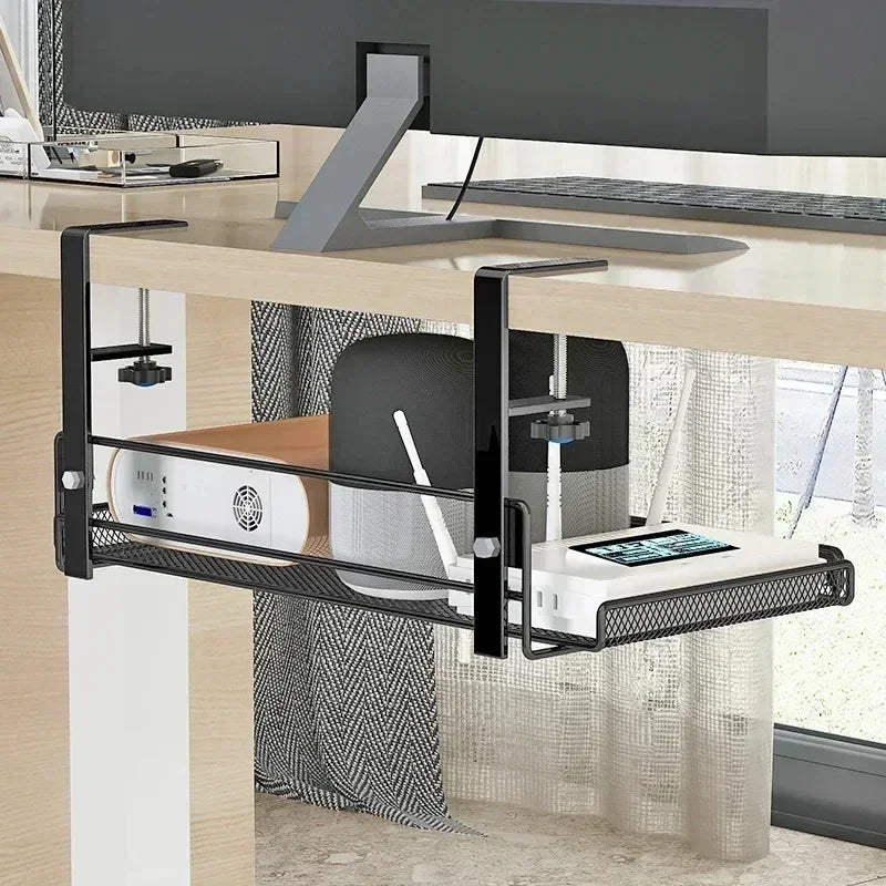 TidyTray™ cable management tray mounted under desk.