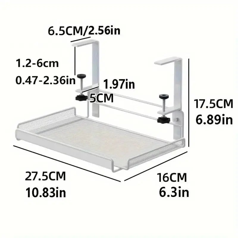 TidyTray™ cable management tray mounted under desk..