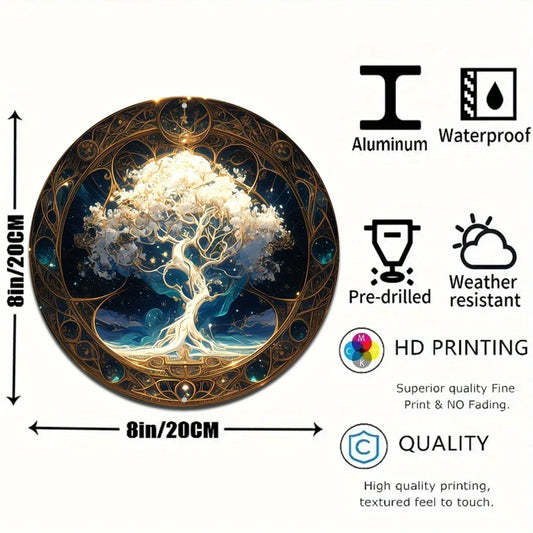 Tree of Life Mandala Vintage Metal round Sign Art Deco Style Aluminum Wall Decor for Front Door, Porch, Living Room, Bedroom