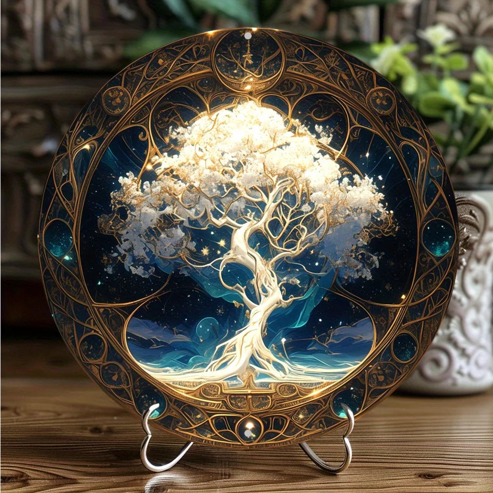 Tree of Life Mandala Vintage Metal round Sign Art Deco Style Aluminum Wall Decor