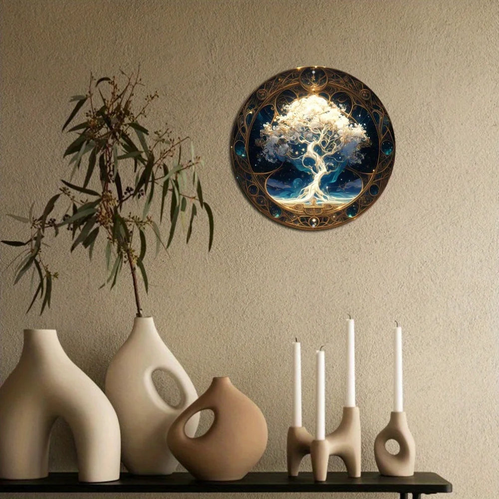Tree of Life Mandala Vintage Metal round Sign Art Deco Style Aluminum Wall Decor for Front Door, Porch, Living Room, Bedroom 03