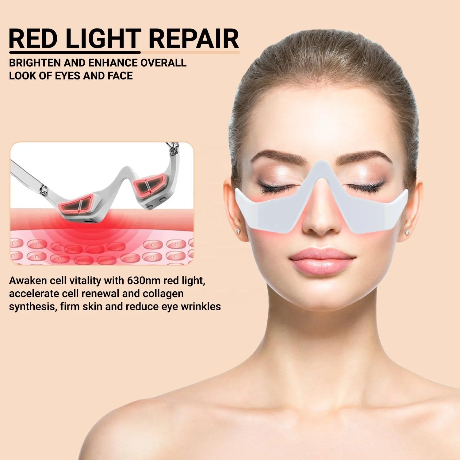 showing a benefits of eye and Woman wearing EyeLume™ Red Light Eye Massager glasses_01