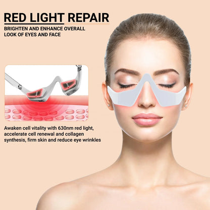 showing a benefits of eye and Woman wearing EyeLume™ Red Light Eye Massager glasses_01